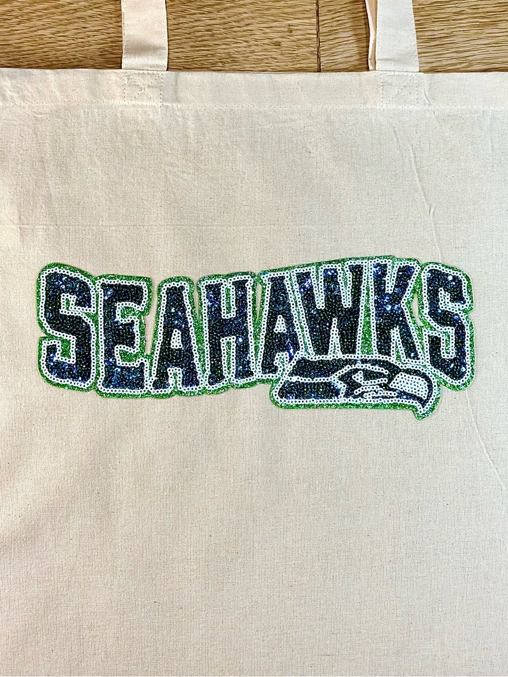 Sequence Seahawks Glittering Natural Canvas Tote Bag with Green and Blue Logo